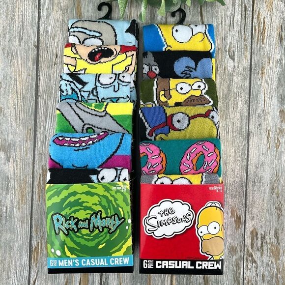 The Simpsons & Rick and Morty Crew Socks 2, 6-Packs Size 8-12 - Picture 1 of 5
